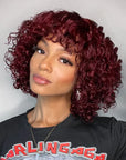 short bob wigs with bangs, burgundy water wave pixie cut human hair bob wigs for african american women