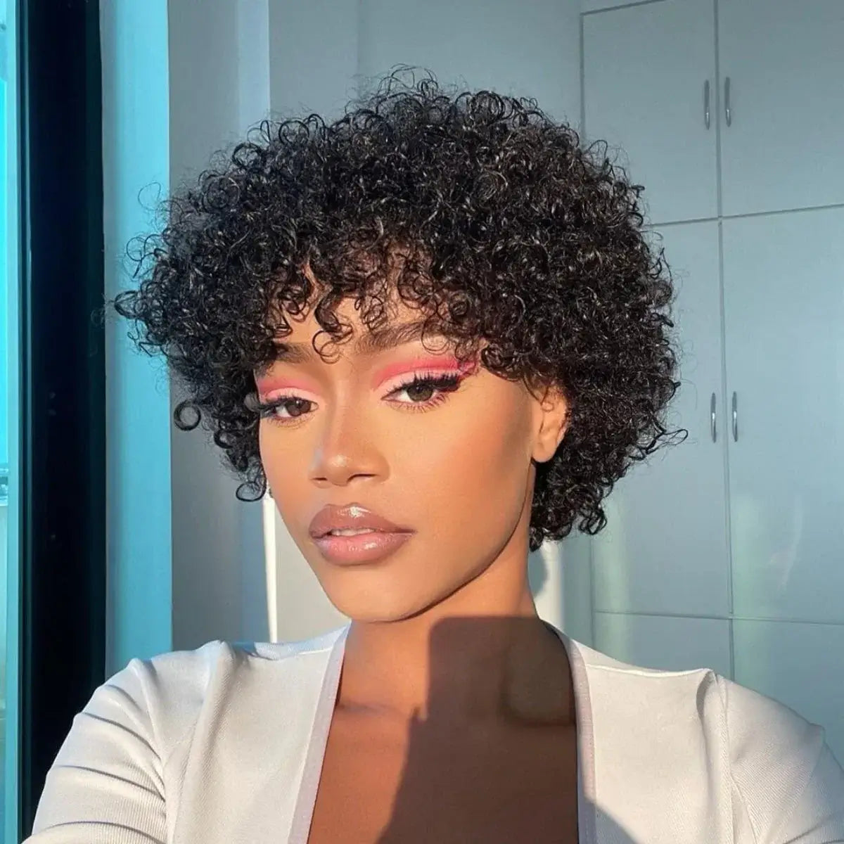 stylish curly pixie cut bob wig with bangs, crafted from high-quality human hair