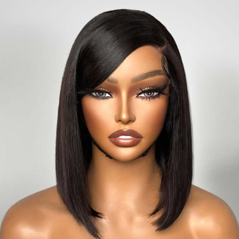 straight human hair bob wigs with soft swoop fringe