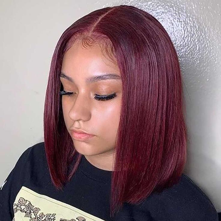 vibrant straight short bob wig, human hair with deep burgundy hue and clean parting