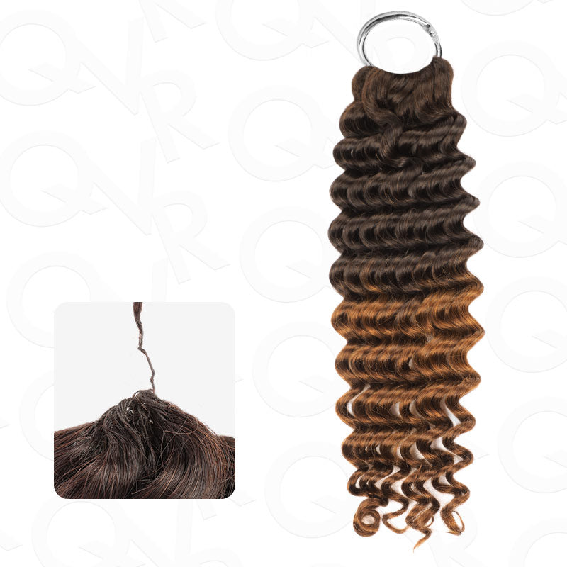 Deep wave T2/30 crochet hair extension, 100% human hair, machine made feather, shown in dark brown to caramel ombre.