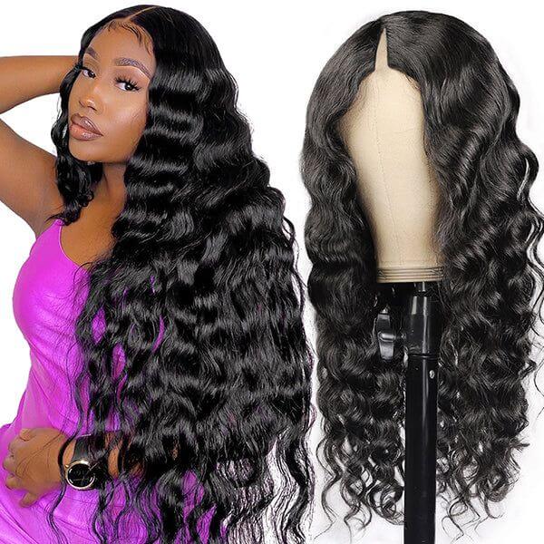black colored loose deep wave v part wig 0 skill needed