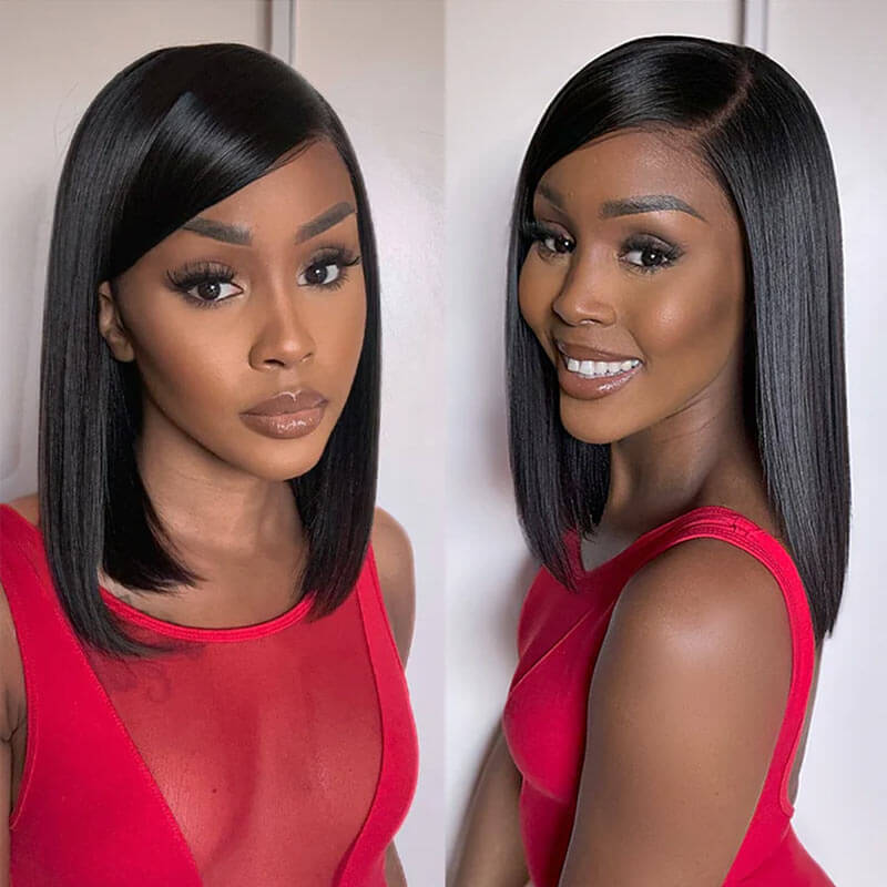 sleek silky straight short bob wigs with dramatic swoop bangs