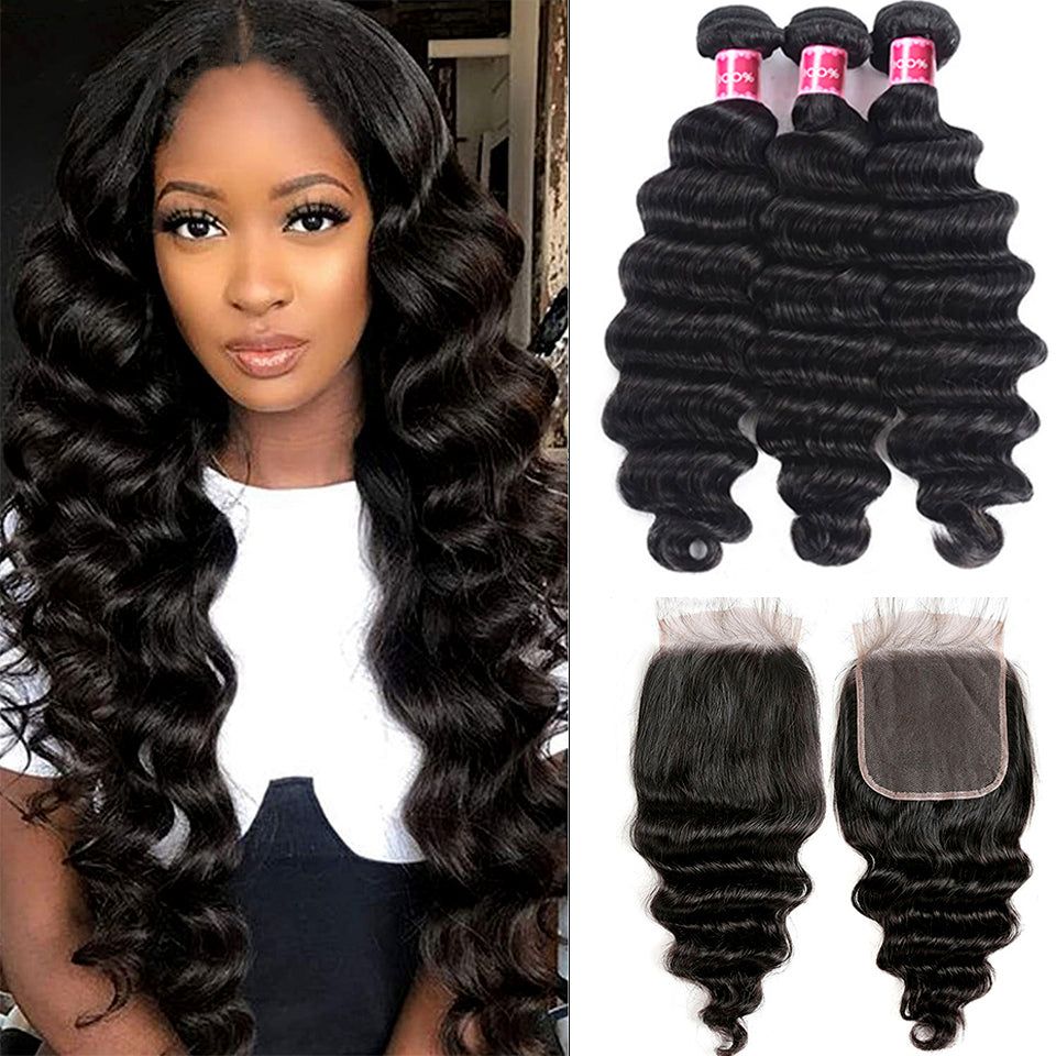 black loose deep wave raw hair 3 bundles with remy hair weave with 4x4 lace closure