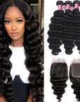 black loose deep wave raw hair 3 bundles with remy hair weave with 4x4 lace closure