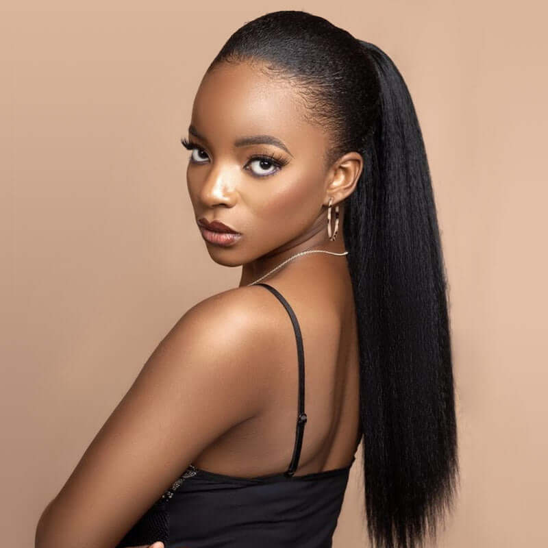 long-length human hair kinky straight black ponytail extensions