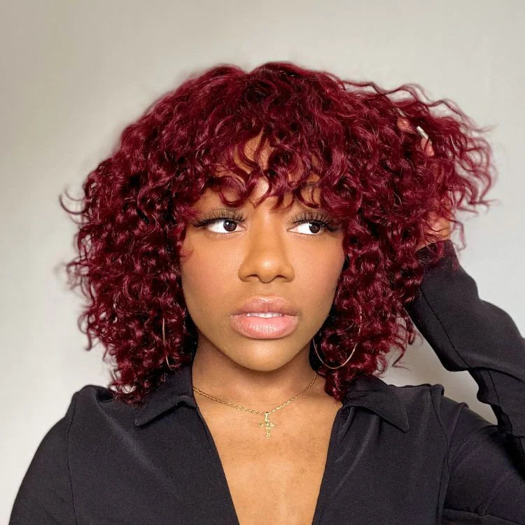 burgundy water wave short pixie cut wigs with bangs, ombre color bob wigs for black women