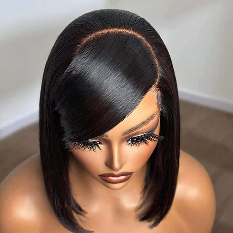 stylish bob wigs with swoop bangs and natural sheen