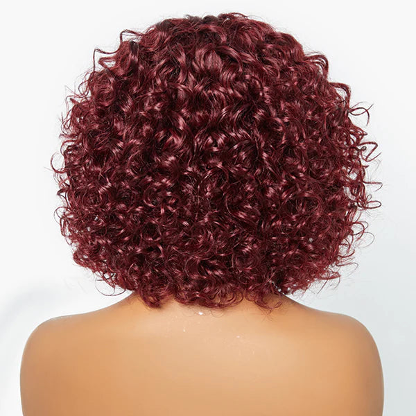 elegant ombre burgundy short pixie bob wigs with bangs, water wave human hair wigs for african american women