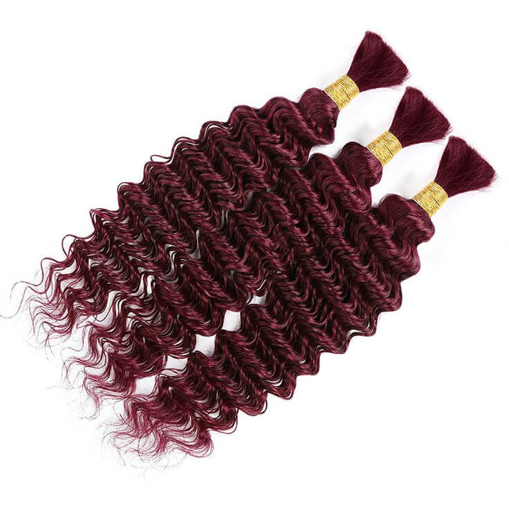 3 packs of burgundy colored deep wave bulk human hair
