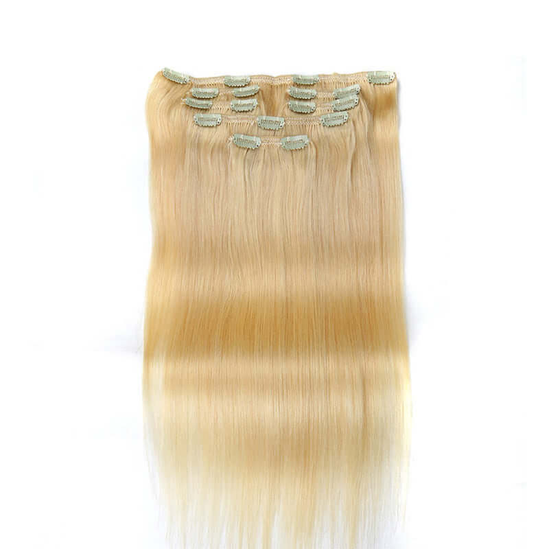 Blonde straight clip in human hair extensions set, 7 pieces, high-quality virgin hair, 10-24 inches, restylable, Queen Virgin Remy Hair