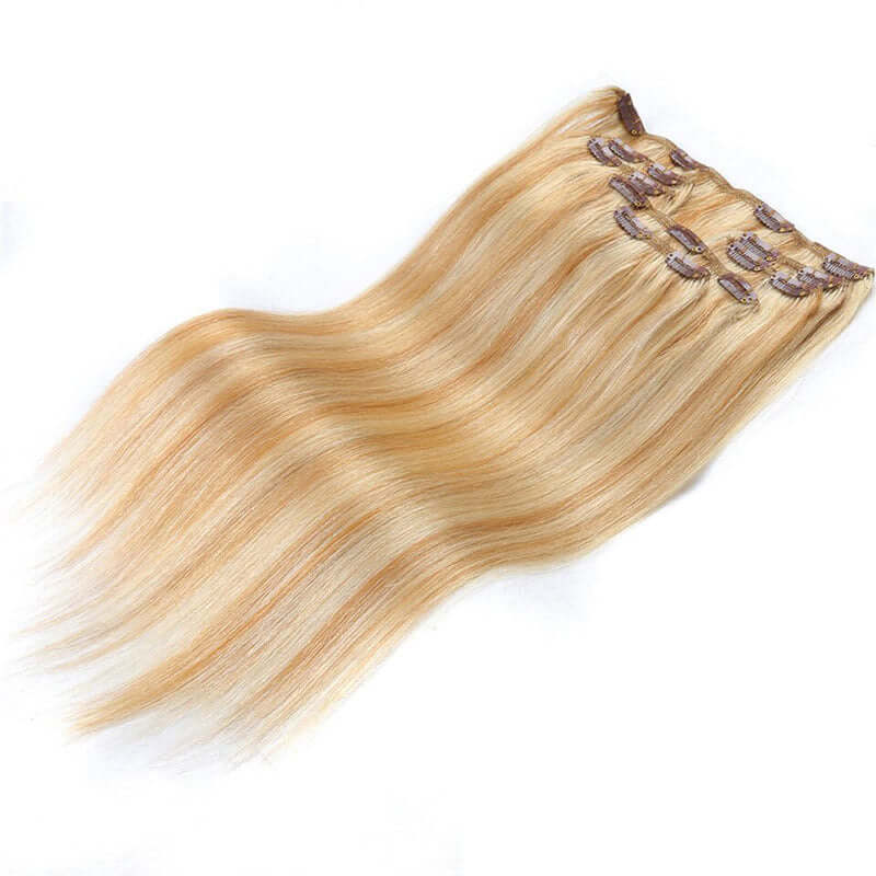 QVR Blonde Straight 7Pcs Clip in Hair Extensions Highlight #P27/613 Color Virgin Human Hair, 100% Human Hair, Free Shipping