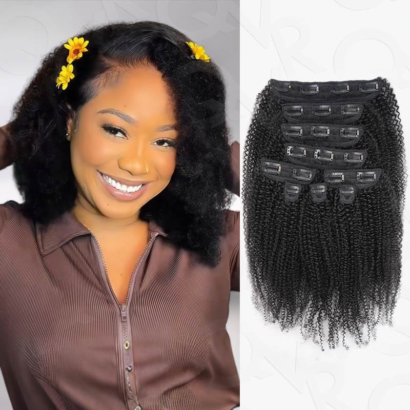 qvr invisible afro kinky curly pu human hair clip ins