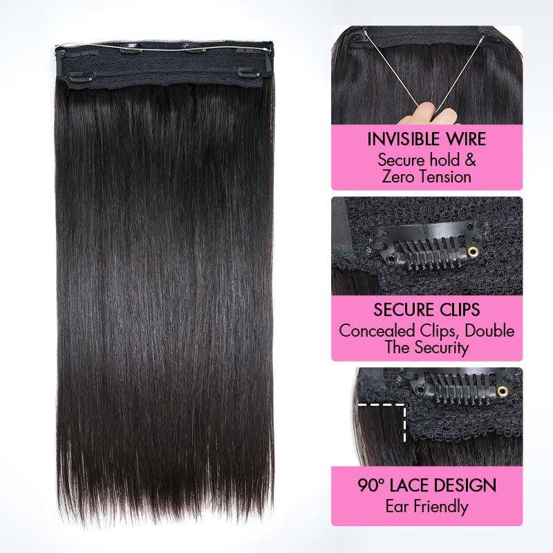 QVR Halo Hair Extensions Human Hair Straight One Piece Clip in with Invisible Wire &amp; V Part Breathable Weft