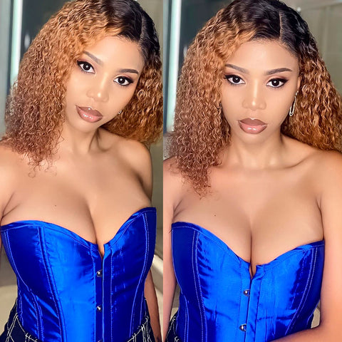 natural black women’s ombre curly short bob wigs, Brazilian 1B/30 human hair lace frontal bob wigs