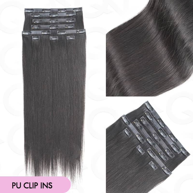 9pcs natural black silky straight pu human hair clip ins
