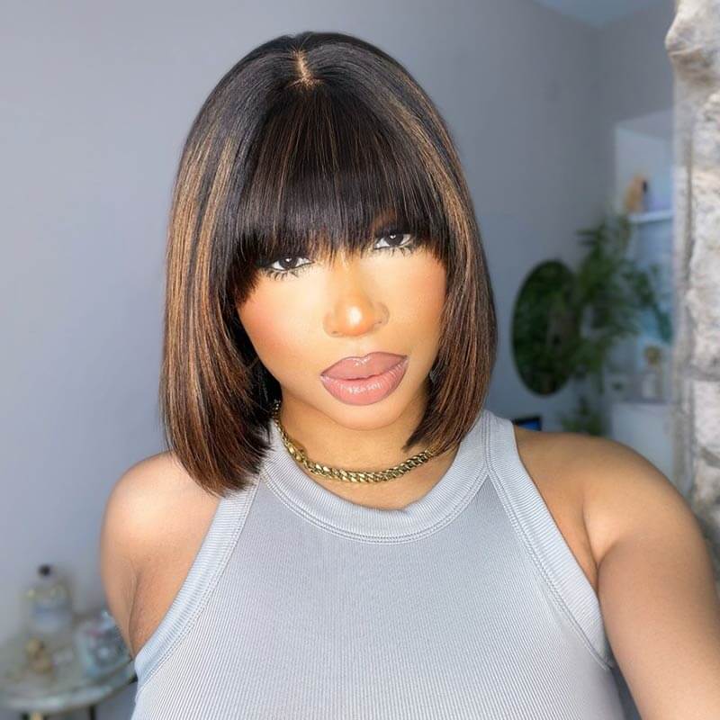 highlight brown straight short bob wigs with chic bangs