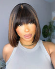 highlight brown straight short bob wigs with chic bangs