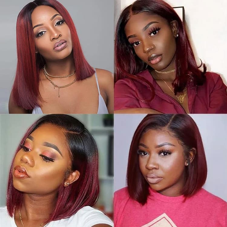 layered burgundy bob wig, short and shiny human hair with soft lace front