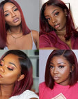 layered burgundy bob wig, short and shiny human hair with soft lace front