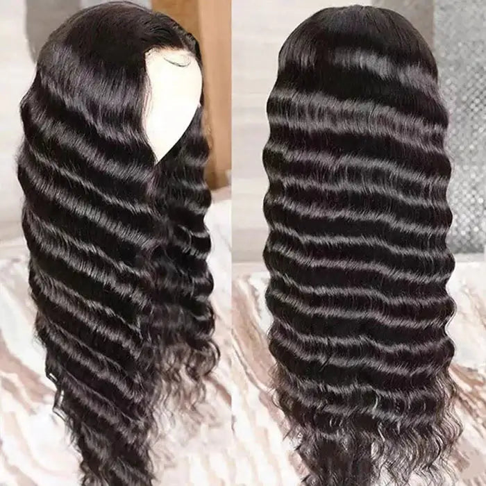 loose deep wave v part wig on wig stand side view