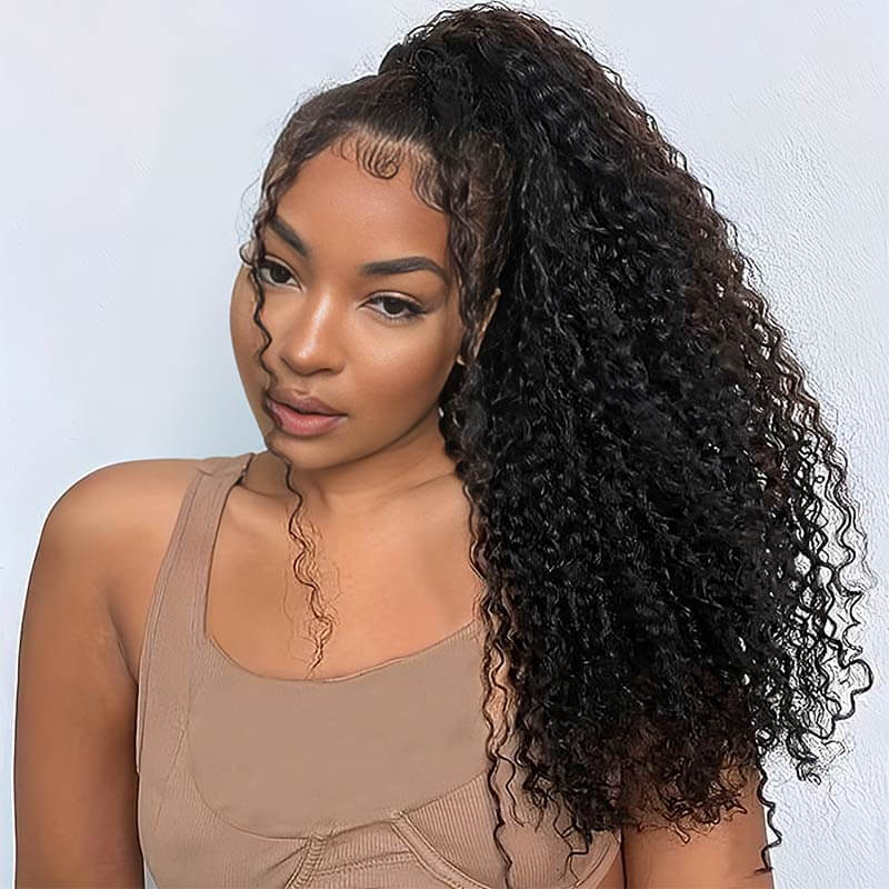 fluffy natural black kinky curly clip in ponytail extensions