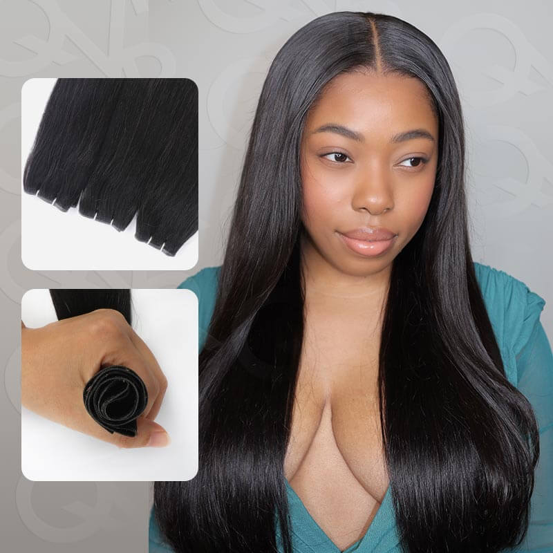 qvr quick weave human hair extensions natural black straight invisible genius weft sew in hair extensions