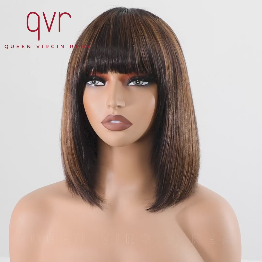 sleek straight human hair bob wigs with subtle highlights