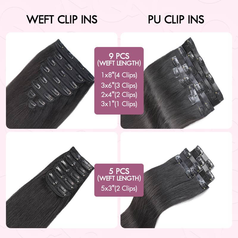 straight qvr weft clip ins vs pu clip ins