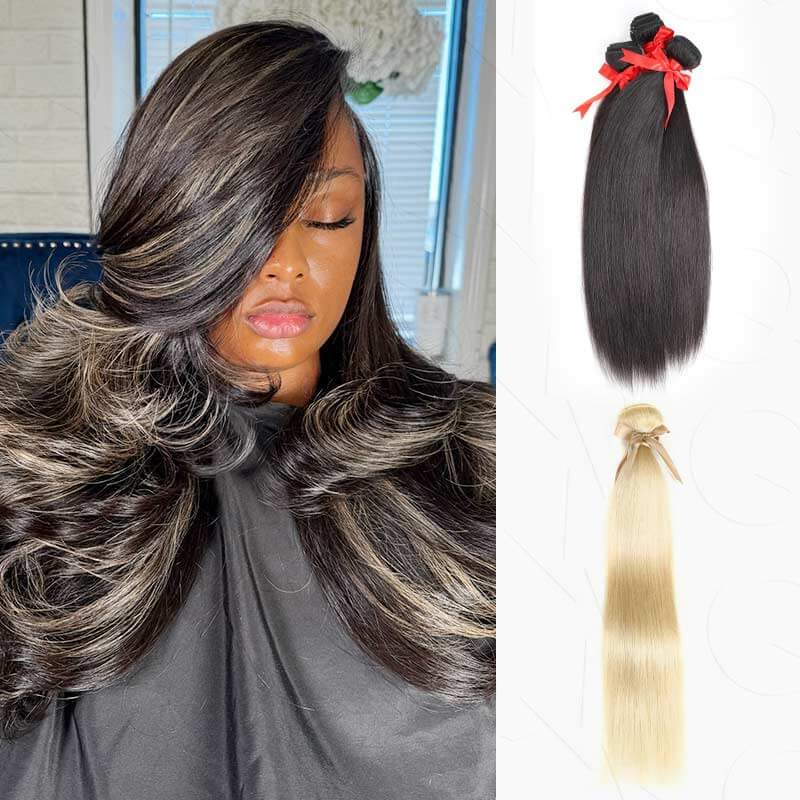 qvr silky straight black blonde highlights sew in hair extensions with black human hair bundles