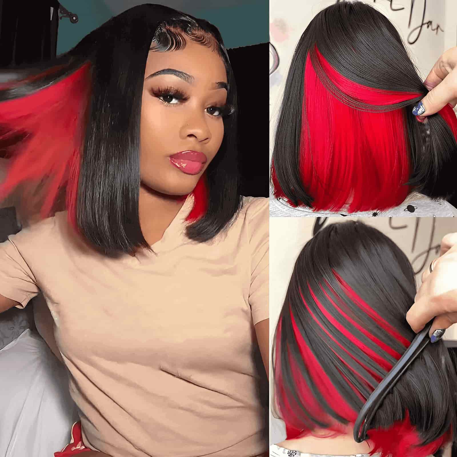 wear and go wigs with peekaboo red highlights