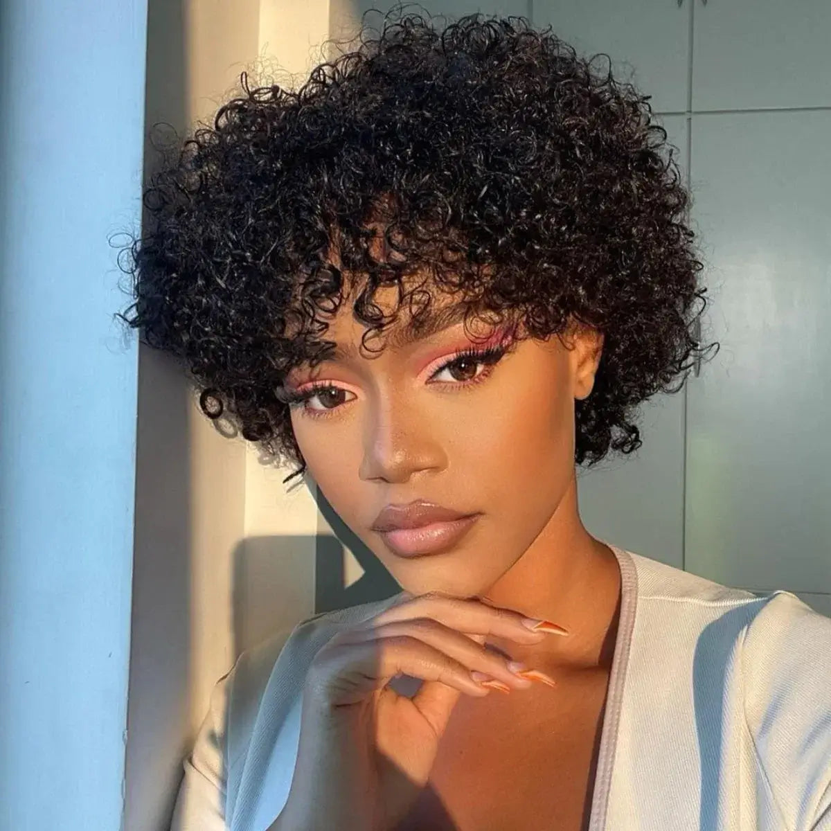 chic short pixie cut bob wig with curly texture and bangs made from human hair