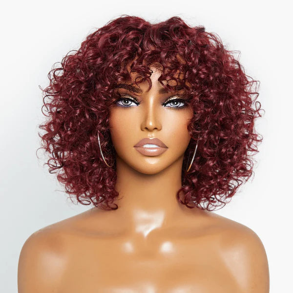 burgundy water wave short bob wigs, pixie cut with bangs, human hair bob wigs for black women