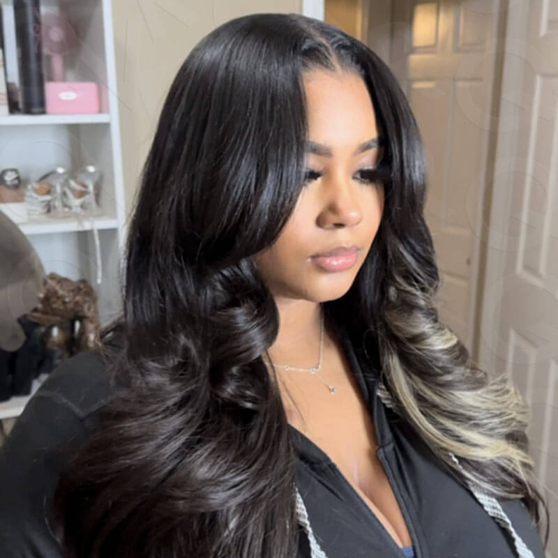 sleek straight human hair weave with blonde highlights