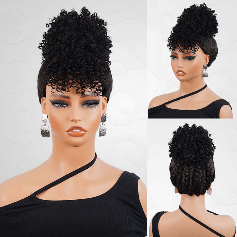 short curly drawstring ponytail extensions with bangs