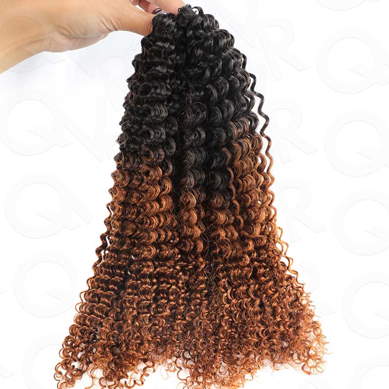 Small kinky curly crochet hair extension in T1B/30 color, 100% human hair, 14-24 inches, suitable for dyeing and restyling.