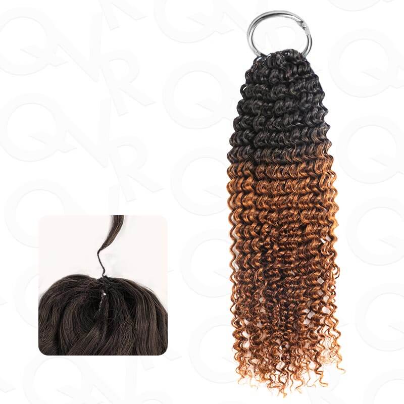 Crochet human hair extension with small kinky curls in ombre black to brown, shown in close-up view.