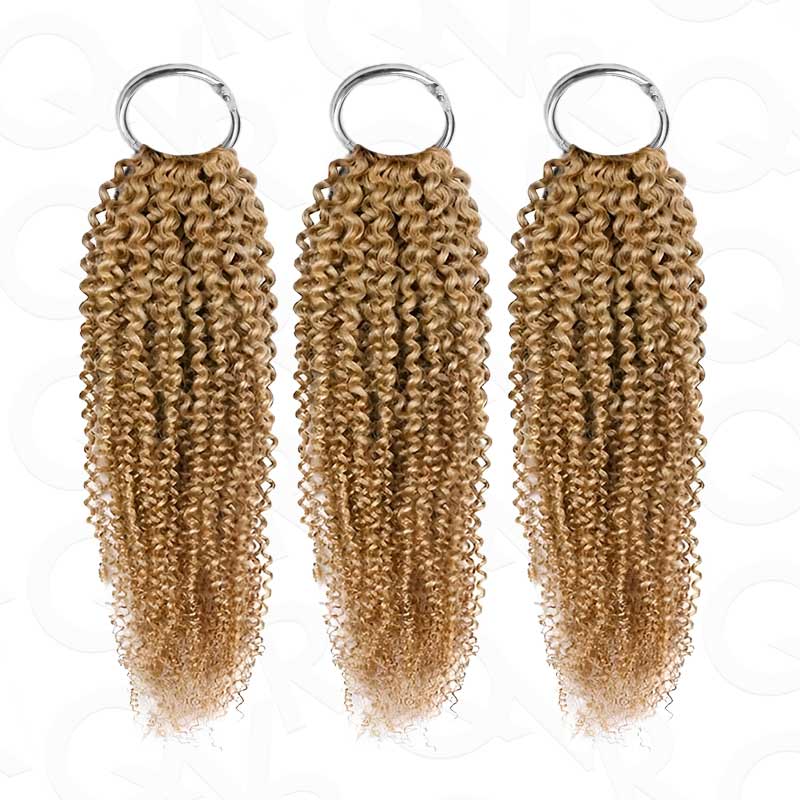 Honey blonde #27 small kinky curly crochet human hair extensions, machine made for versatile styling.