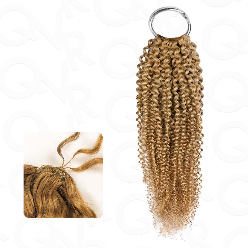 QVR Honey Blonde #27 crochet hair extension, small kinky curly texture, 100% human hair, 14-24 inches, machine-made feather style.