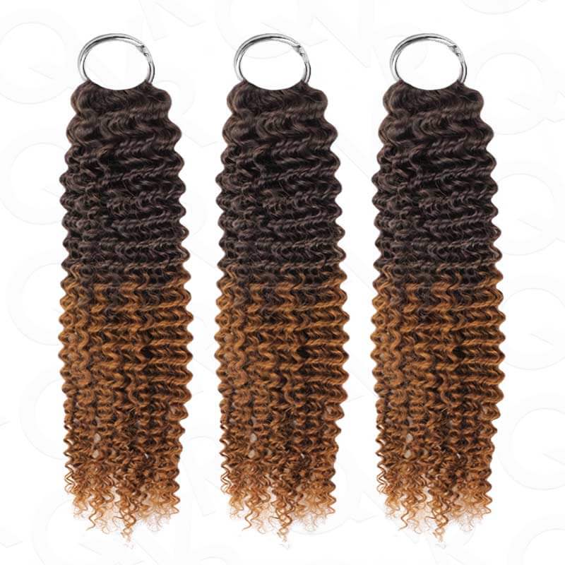 #T2/30 small kinky curly crochet human hair extensions, 100% human hair, machine made, 14-24 inches, pack of 3, deep wave style.