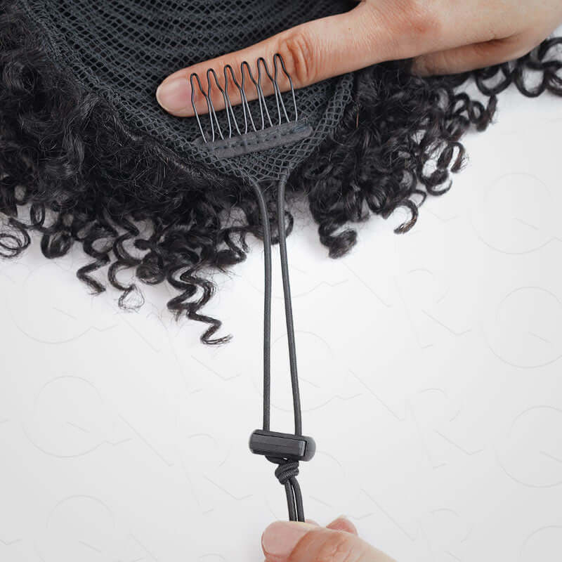 adjustable short curly drawstring ponytail hair extensions with bangs