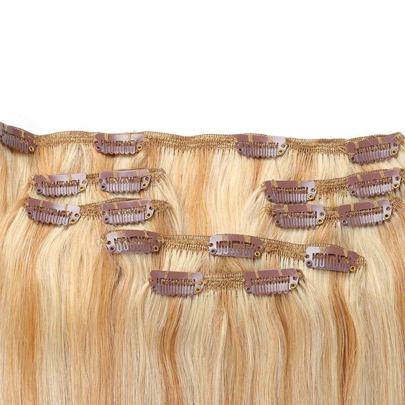 7Pcs blonde straight clip in human hair extensions in highlight 
