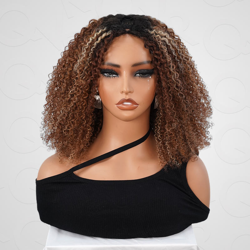 QVR Invisible Lace Edge Kinky Curly V Part Wigs Highlight #1B/33/30/613 No Leave Out Human Hair Wig