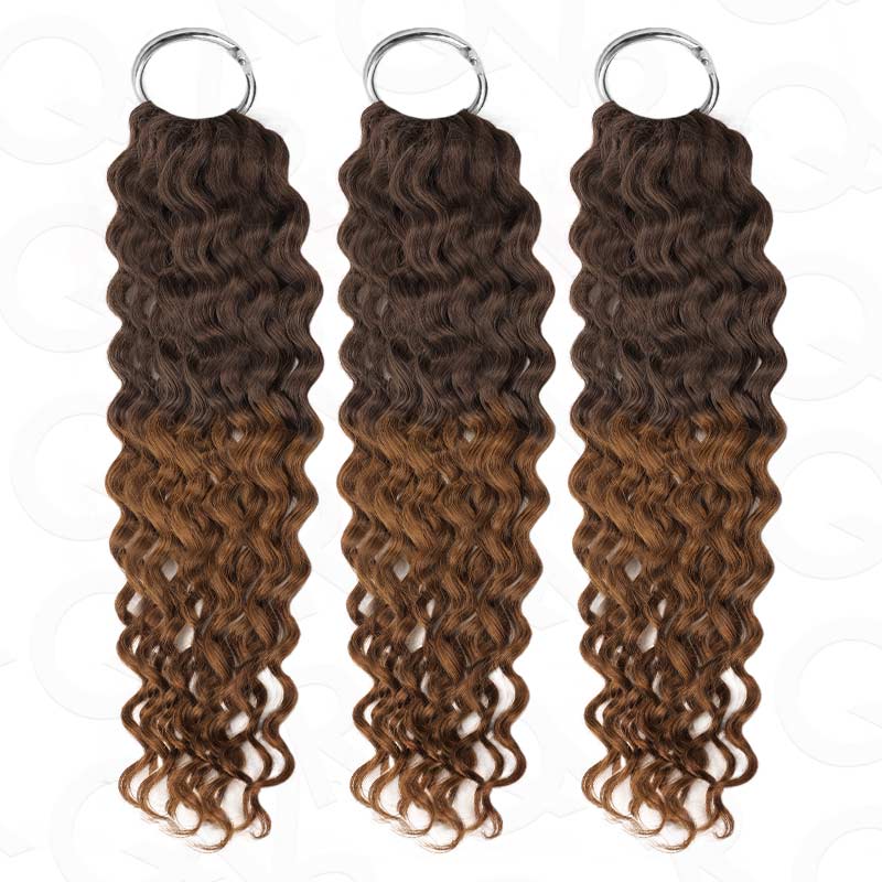 Water wave machine made crochet human hair extensions in ombre brown color, 14-24 inches length, set of three packs.