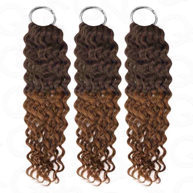 Water wave machine made crochet human hair extensions in ombre brown color, 14-24 inches length, set of three packs.