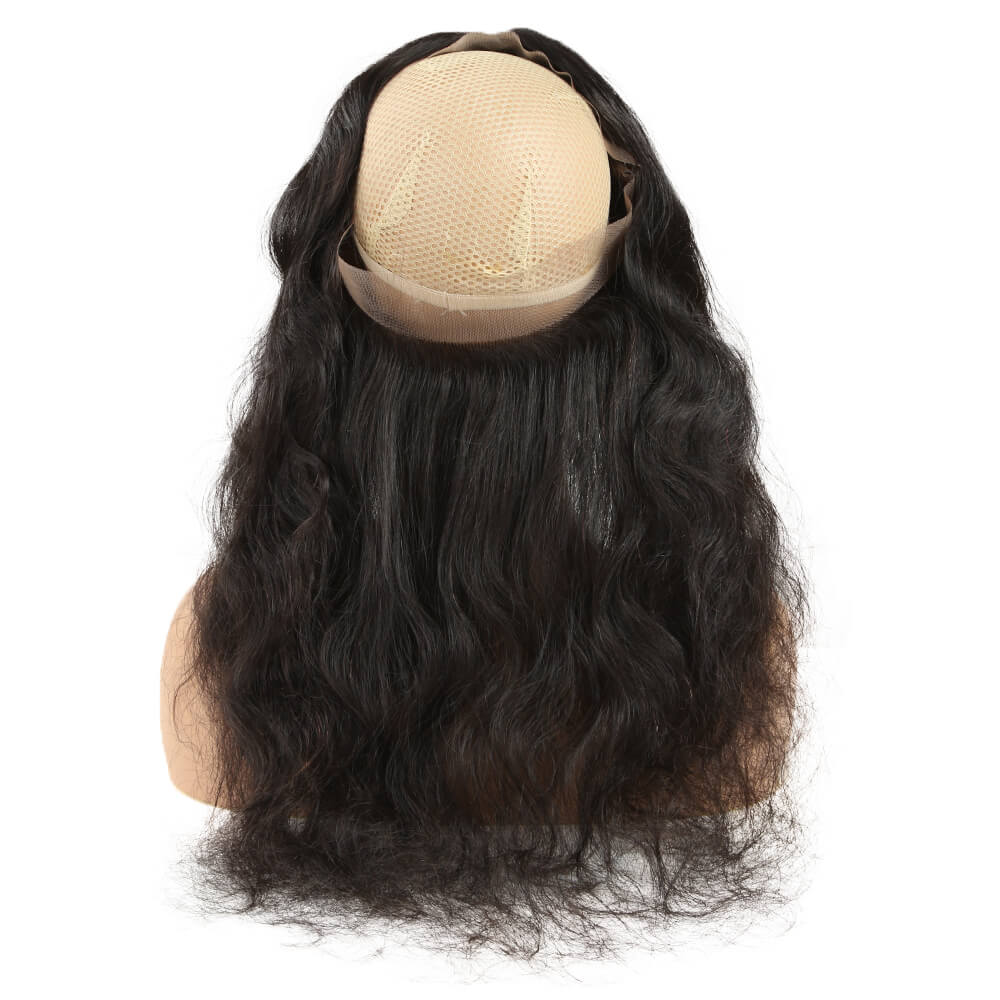 glossy look natural black body wave human hair with 360 lace frontal closure