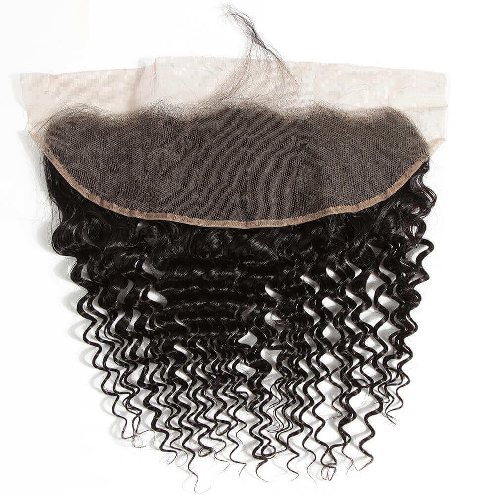curly natural black hand tied 13*4 lace closure hair weave