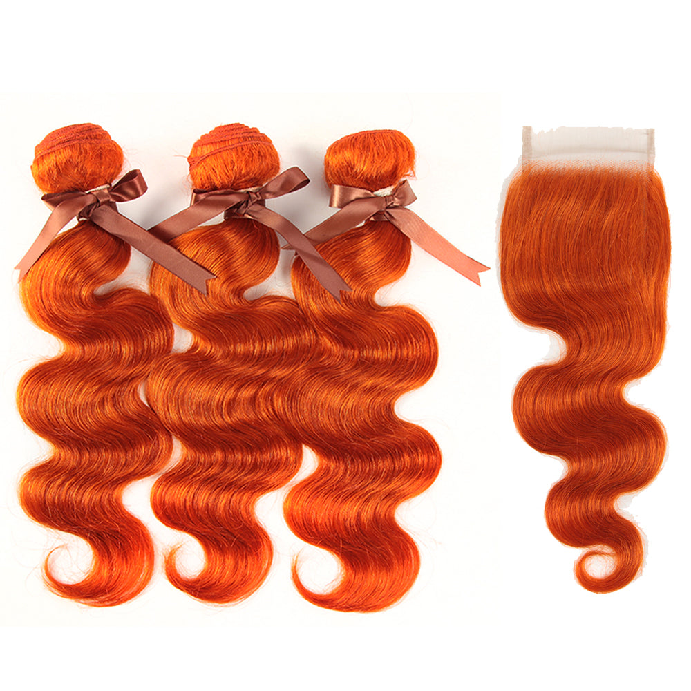 ginger orange body wave human hair bundles with 4x4 and 13x4 lace closure virgin hai weave
