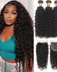 qvr jerry curly natural black human hair bundles with lace closured human hair weave