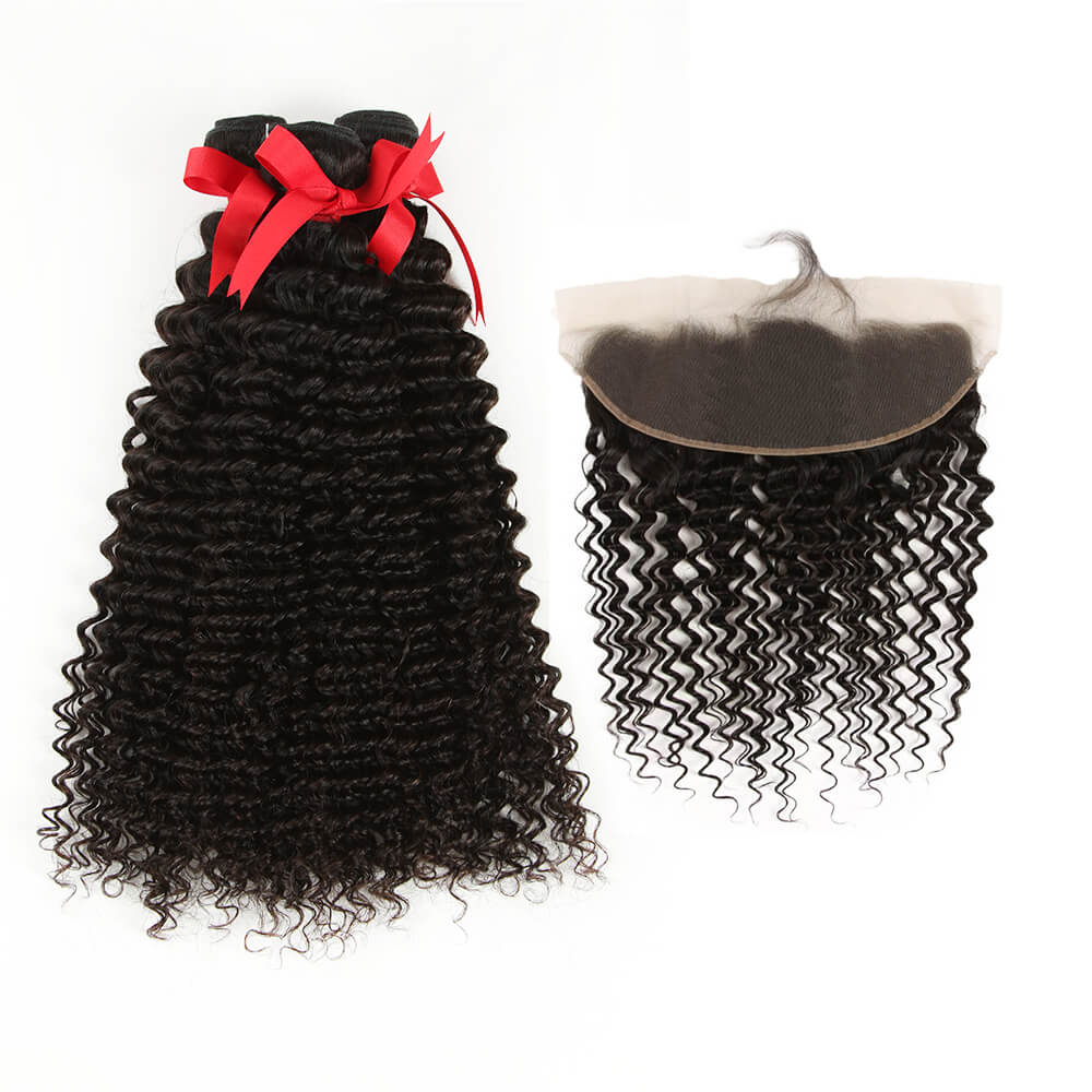 qvr curly natural black human hair bundles with 13*4 lace closure hair weave
